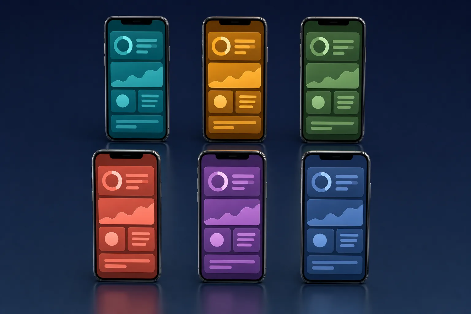 Six phones showing the identical hub layout, each tinted in a different client brand colour