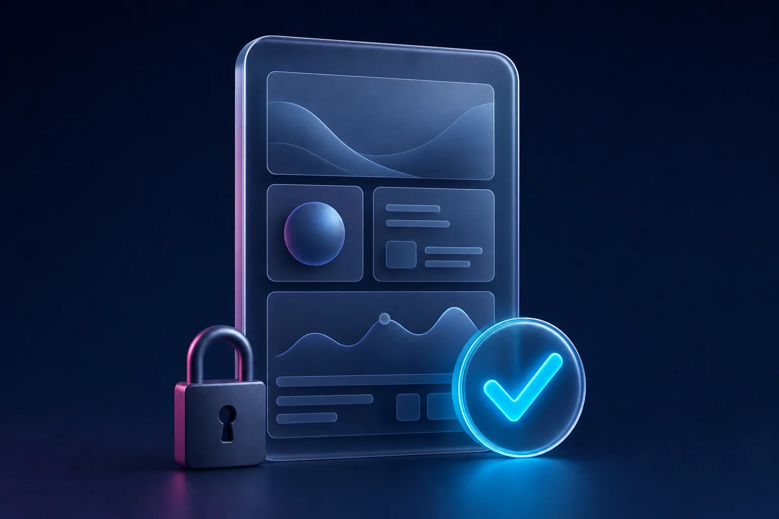 A hub panel with a glowing approval checkmark seal and a closed padlock