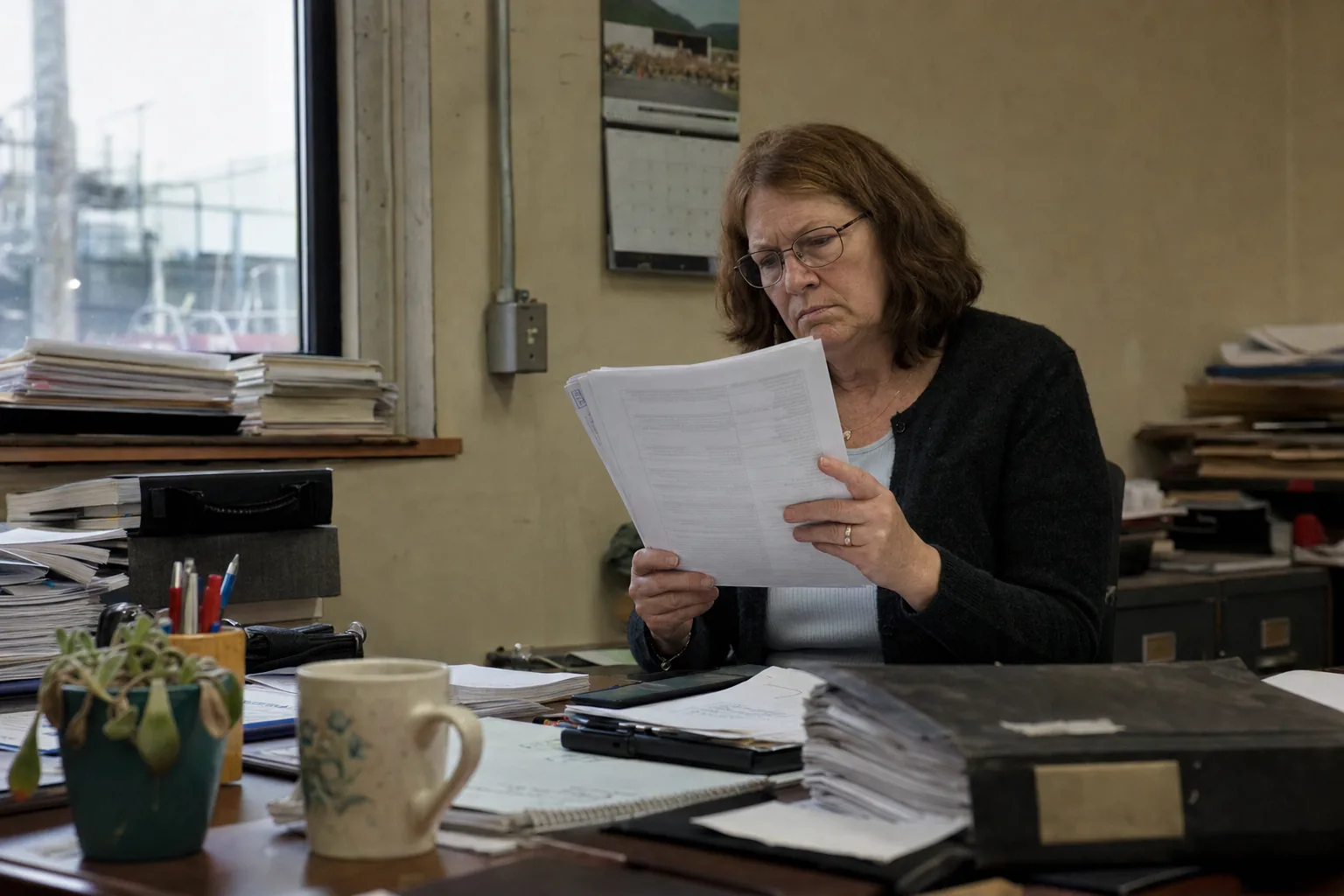 A benefits manager holding a thick printed benefits document at arm's length, unimpressed