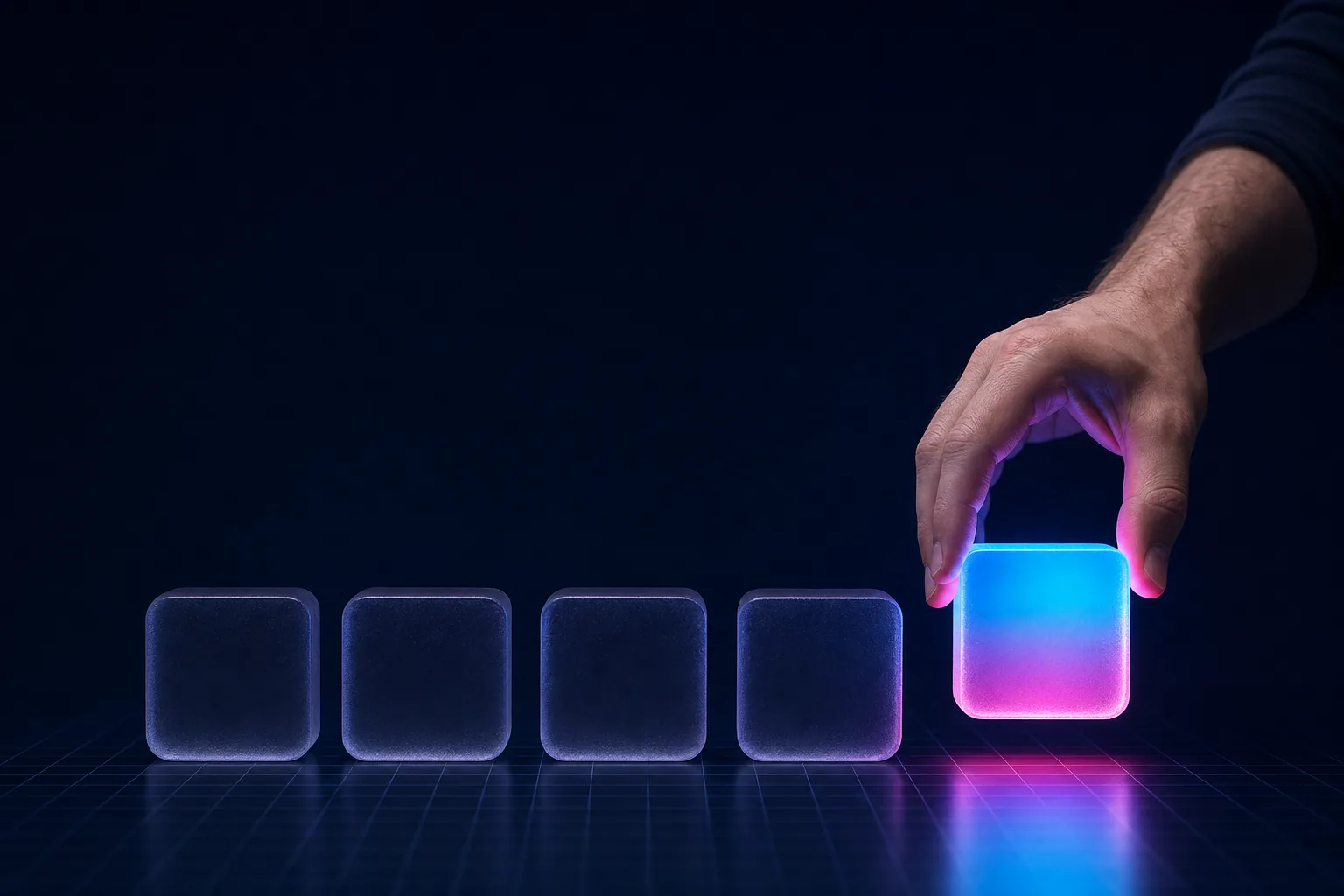 A hand lowering the final glowing block into a row of four to complete the sequence