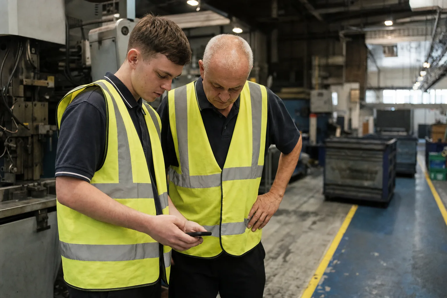 Two workers on a plant floor looking at something together on a phone during a shift change
